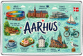 Aarhus Denmark illustrated map fridge magnet with ARoS museum, Aarhus University, Dokk1, cathedral, bikes and smorrebrod