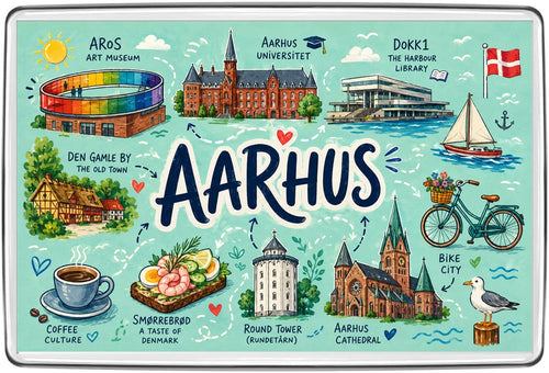 Aarhus Denmark illustrated map fridge magnet with ARoS museum, Aarhus University, Dokk1, cathedral, bikes and smorrebrod