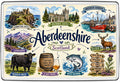 Aberdeenshire Scotland illustrated map fridge magnet with Dunnottar Castle, Balmoral Castle, Aberdeen Harbour and Cairngorms