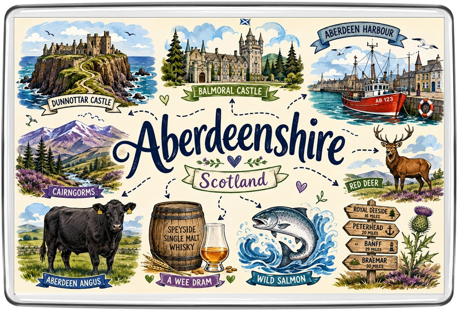 Aberdeenshire Scotland illustrated map fridge magnet with Dunnottar Castle, Balmoral Castle, Aberdeen Harbour and Cairngorms