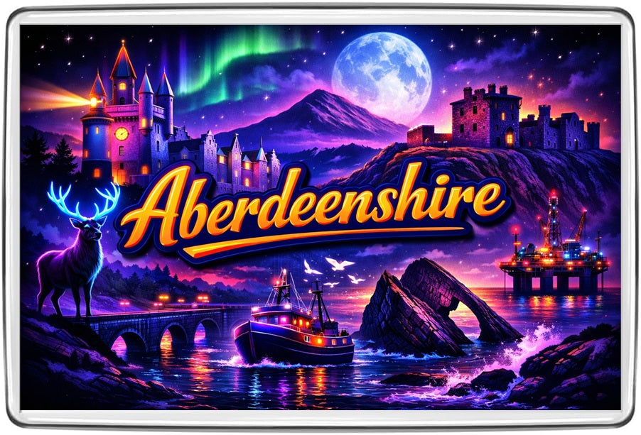 Aberdeenshire neon illustrated fridge magnet with castles, stag, fishing vessel, coastal arch, bridge and offshore oil platform