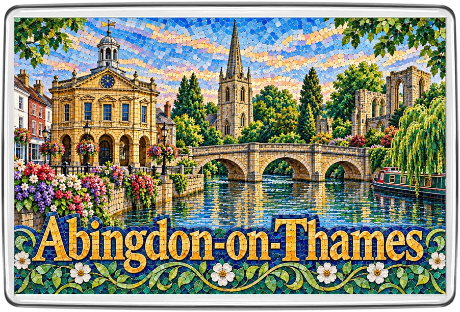 Abingdon-on-Thames Oxfordshire mosaic fridge magnet showing old town hall, church spire, arched bridge and narrowboat