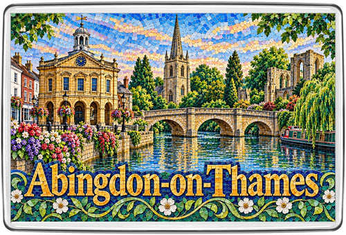Abingdon-on-Thames Oxfordshire mosaic fridge magnet showing old town hall, church spire, arched bridge and narrowboat