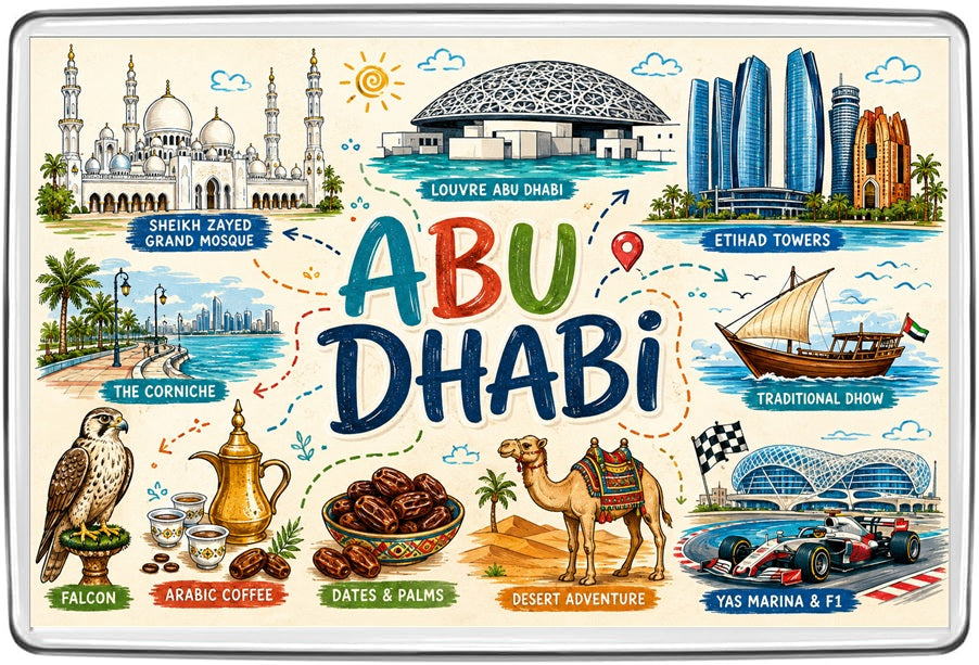 Abu Dhabi UAE illustrated map fridge magnet with Sheikh Zayed Grand Mosque, Louvre Abu Dhabi, Corniche and Yas Marina Formula 1