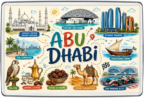 Abu Dhabi UAE illustrated map fridge magnet with Sheikh Zayed Grand Mosque, Louvre Abu Dhabi, Corniche and Yas Marina Formula 1