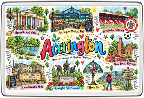 Accrington Lancashire illustrated map magnet with Haworth Art Gallery, Accrington Market Hall, Stanley football ground, Accrington Pals Memorial and Nori bricks