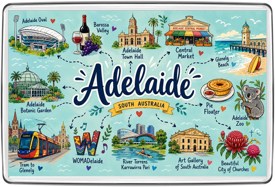 Adelaide South Australia illustrated map fridge magnet with Adelaide Oval, Botanic Garden, Central Market, Glenelg Beach and zoo
