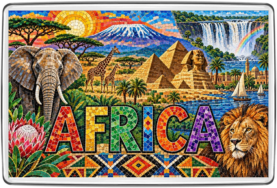 Africa mosaic fridge magnet with elephant, giraffes, lion, Egyptian pyramids and Victoria Falls
