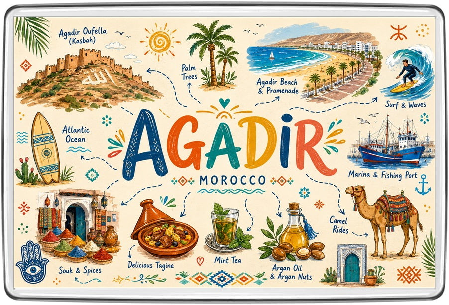 Agadir Morocco illustrated map fridge magnet with hilltop Kasbah, Agadir Beach, Atlantic surf, souk and tagine