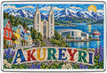 Akureyri mosaic-style fridge magnet with Akureyrarkirkja church, colourful houses, a fishing boat and snowy mountains.