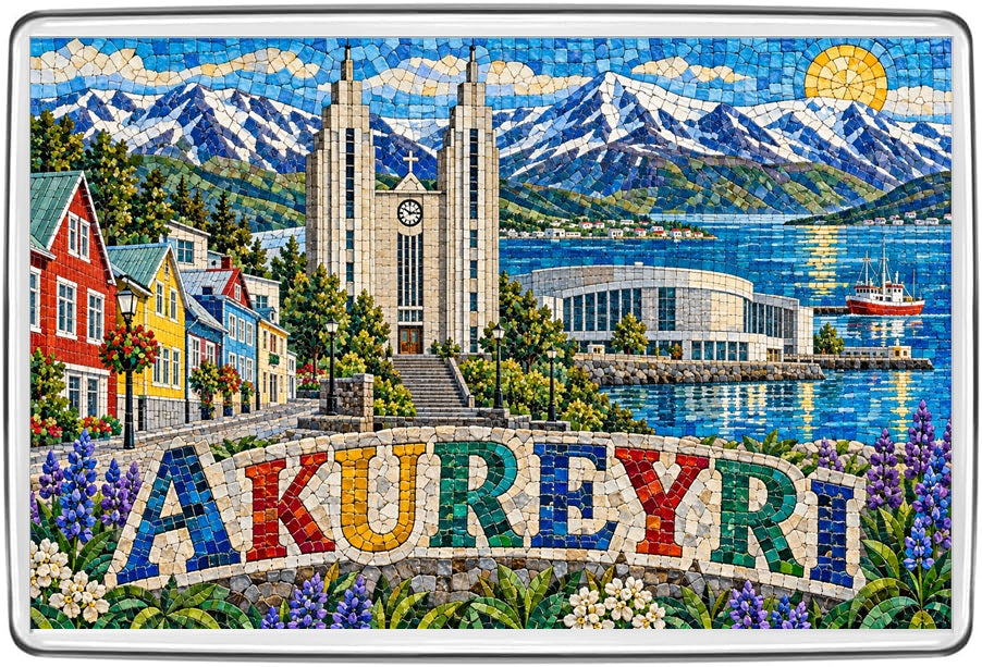 Akureyri mosaic-style fridge magnet with Akureyrarkirkja church, colourful houses, a fishing boat and snowy mountains.