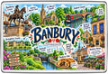Banbury illustrated map featuring Banbury Cross horse statue, St Mary's Church, Oxford Canal narrowboat, Banbury Museum, market, Broughton Castle, Bodicote locks and Banbury cakes