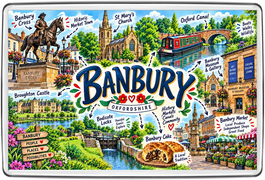 Banbury illustrated map featuring Banbury Cross horse statue, St Mary's Church, Oxford Canal narrowboat, Banbury Museum, market, Broughton Castle, Bodicote locks and Banbury cakes