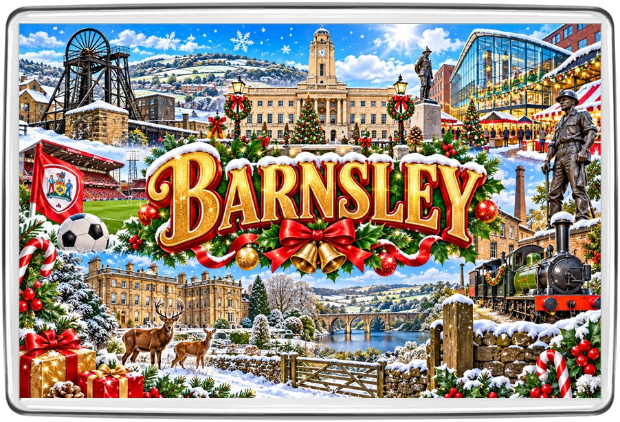 Barnsley Christmas fridge magnet with town hall, mining winding headgear, football, war memorial, steam locomotive and snowy South Yorkshire countryside