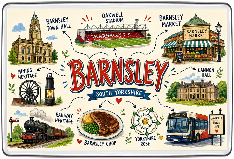 Barnsley South Yorkshire illustrated map fridge magnet featuring Barnsley Town Hall, Oakwell Stadium, market and mining heritage