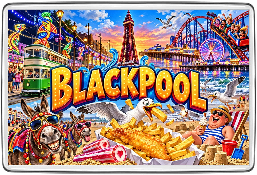 Blackpool Comedy Souvenir Fridge Magnet – Tower, Donkeys & Fish and Chips