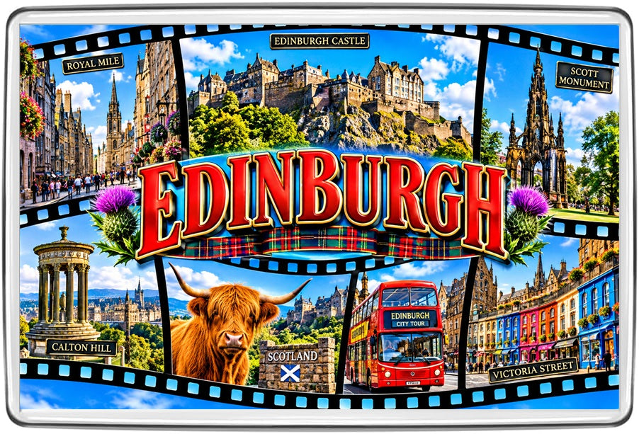 Edinburgh Filmstrip Travel Fridge Magnet – Castle, Royal Mile & City Scenes illustration