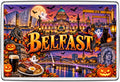Belfast Halloween fridge magnet with City Hall, Titanic Belfast, Harland and Wolff cranes, bridge, black cat and pumpkins