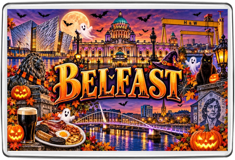 Belfast Halloween fridge magnet with City Hall, Titanic Belfast, Harland and Wolff cranes, bridge, black cat and pumpkins