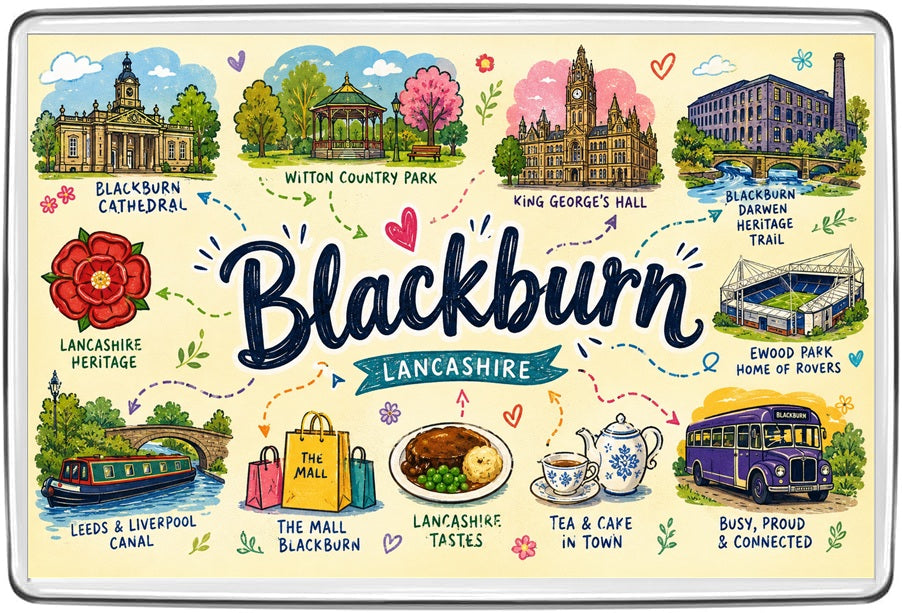 Blackburn Lancashire illustrated magnet with Blackburn Cathedral, Ewood Park, King George's Hall and canal boat
