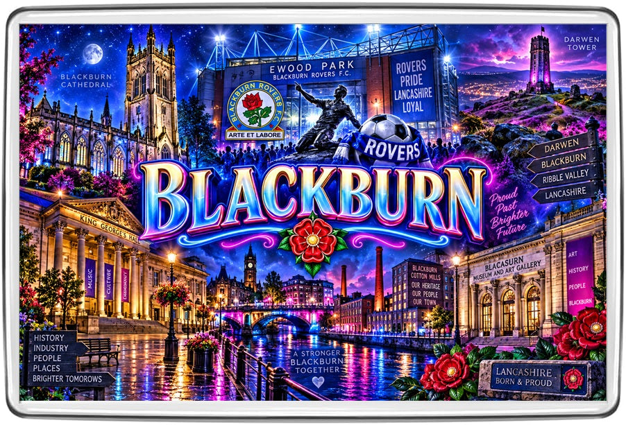 Blackburn Lancashire neon fridge magnet showing Ewood Park, Cathedral and Darwen Tower