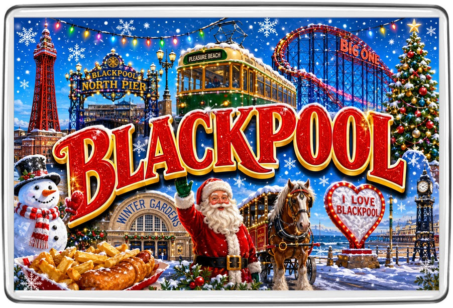 Blackpool classic Christmas fridge magnet featuring Blackpool Tower, Big One rollercoaster, tram, North Pier and Santa