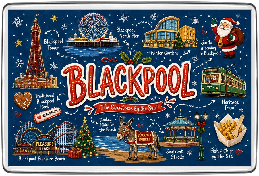 Blackpool Christmas map magnet with Blackpool Tower, North Pier, Pleasure Beach, heritage tram, seaside donkey and fish and chips