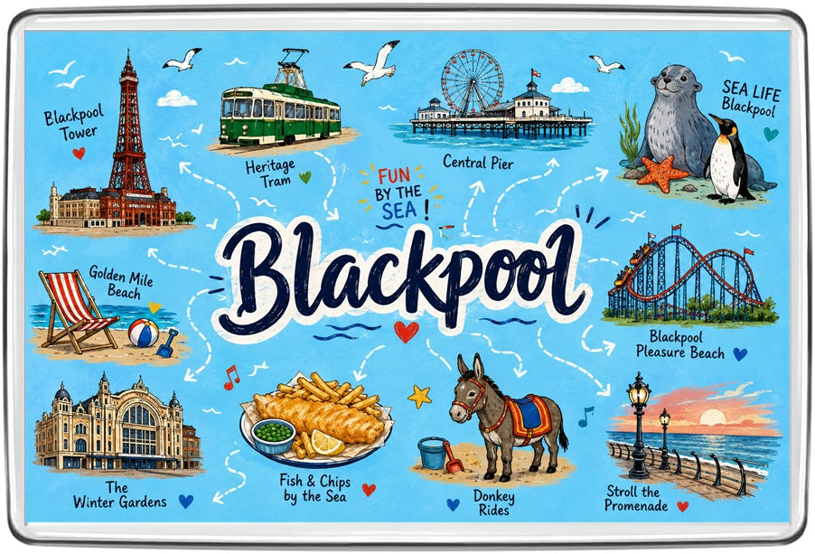 Blackpool seaside illustrated magnet featuring Blackpool Tower, heritage tram, Central Pier, Pleasure Beach and beach donkeys