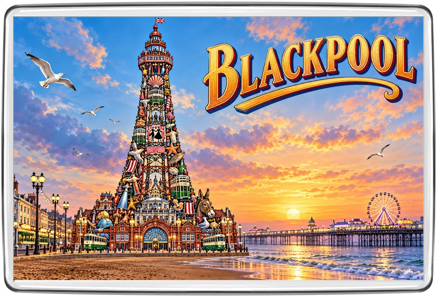 Blackpool landmark icons travel souvenir acrylic fridge magnet featuring Lancashire inspired art