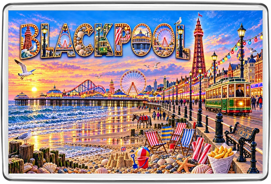 Blackpool landmark letter art travel souvenir acrylic fridge magnet featuring Lancashire inspired art