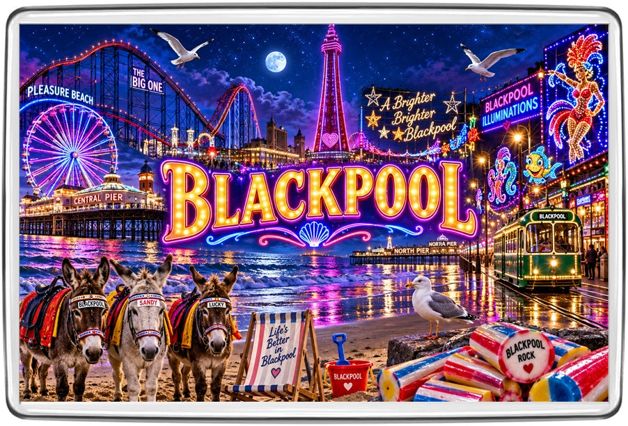 Blackpool neon fridge magnet showing Tower, Pleasure Beach, Illuminations, tram and donkeys