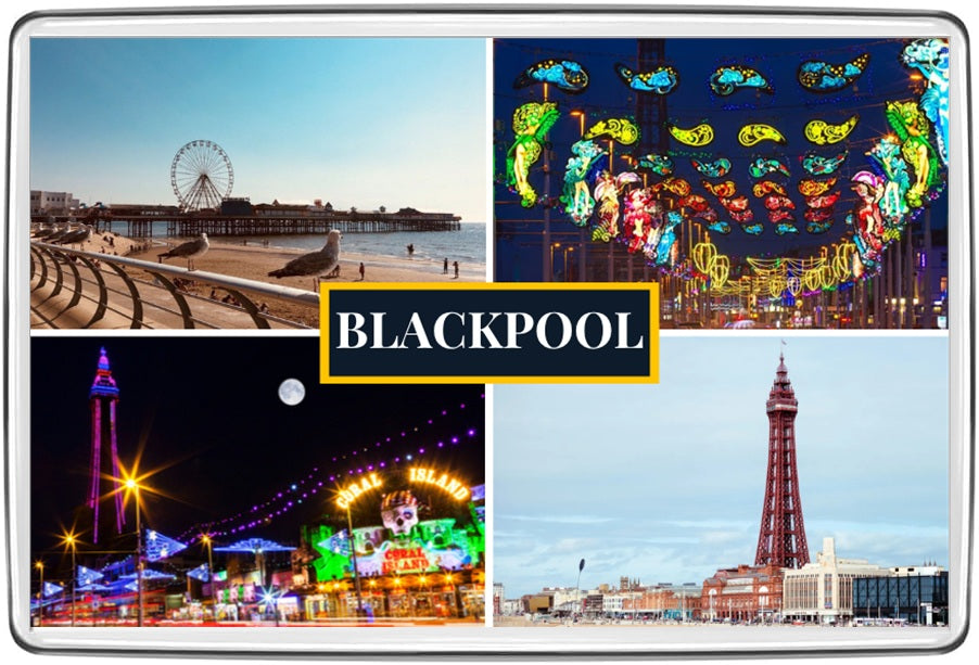 Blackpool classic photo collage acrylic fridge magnet featuring four destination photographs
