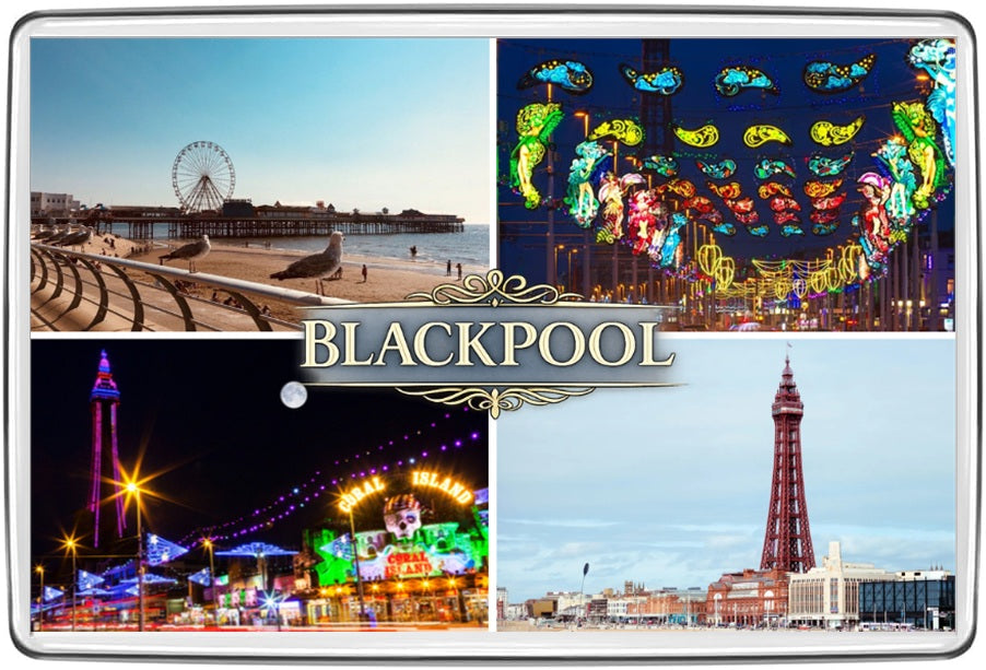 Blackpool heritage photo collage acrylic fridge magnet featuring four destination photographs