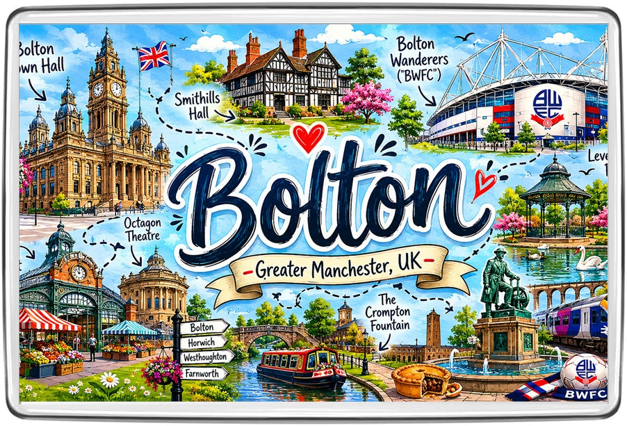 Bolton illustrated map magnet showing town hall, Smithills Hall, Bolton Wanderers stadium, Octagon Theatre and park scenes
