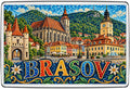 Brașov mosaic-style fridge magnet with the Black Church, Council House, Catherine’s Gate, red rooftops and forested hills.