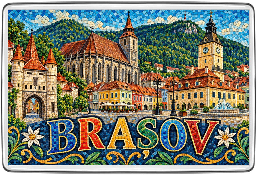 Brașov mosaic-style fridge magnet with the Black Church, Council House, Catherine’s Gate, red rooftops and forested hills.