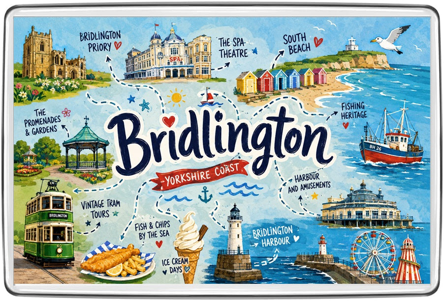 Bridlington illustrated map fridge magnet featuring local landmarks and attractions