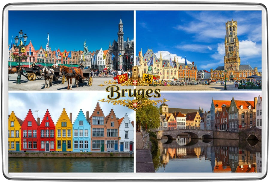 Bruges heritage photo collage acrylic fridge magnet featuring four destination photographs