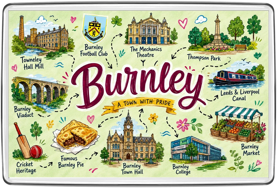 Burnley illustrated map fridge magnet with Towneley Hall Mill, Burnley Town Hall, viaduct, football and canal