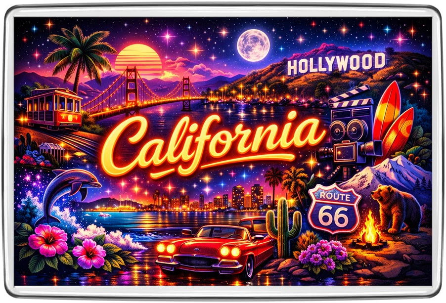 California neon-style illustrated travel souvenir fridge magnet