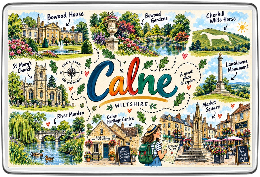 Calne Wiltshire illustrated map magnet showing Bowood House, Bowood Gardens, Cherhill White Horse, Lansdowne Monument and Market Square