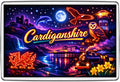 Cardiganshire neon fridge magnet with Welsh dragon, coastal pier, owl, lighthouse, steam train and daffodils