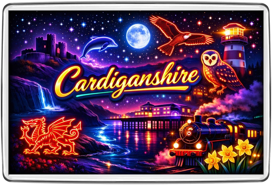 Cardiganshire neon fridge magnet with Welsh dragon, coastal pier, owl, lighthouse, steam train and daffodils