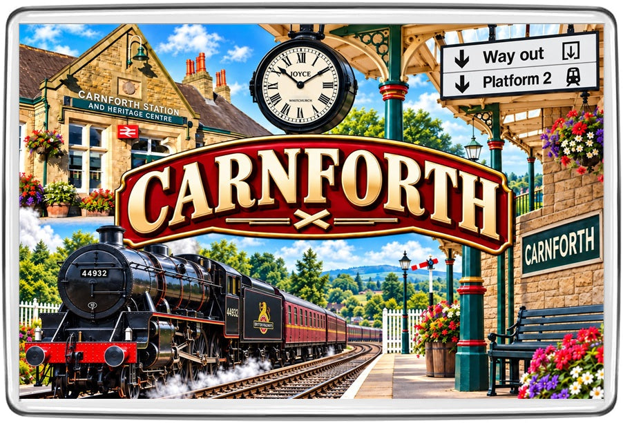 Carnforth railway illustrated souvenir magnet with Joyce station clock, Carnforth railway station and heritage steam locomotive