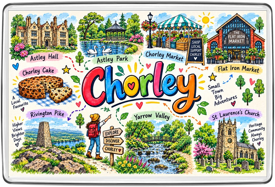 Chorley Lancashire illustrated map magnet featuring Astley Hall and Park, Chorley Market, Flat Iron Market, Rivington Pike and Yarrow Valley