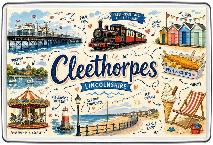 Cleethorpes Lincolnshire illustrated map fridge magnet featuring Cleethorpes Pier, Coast Light Railway, beach huts and promenade