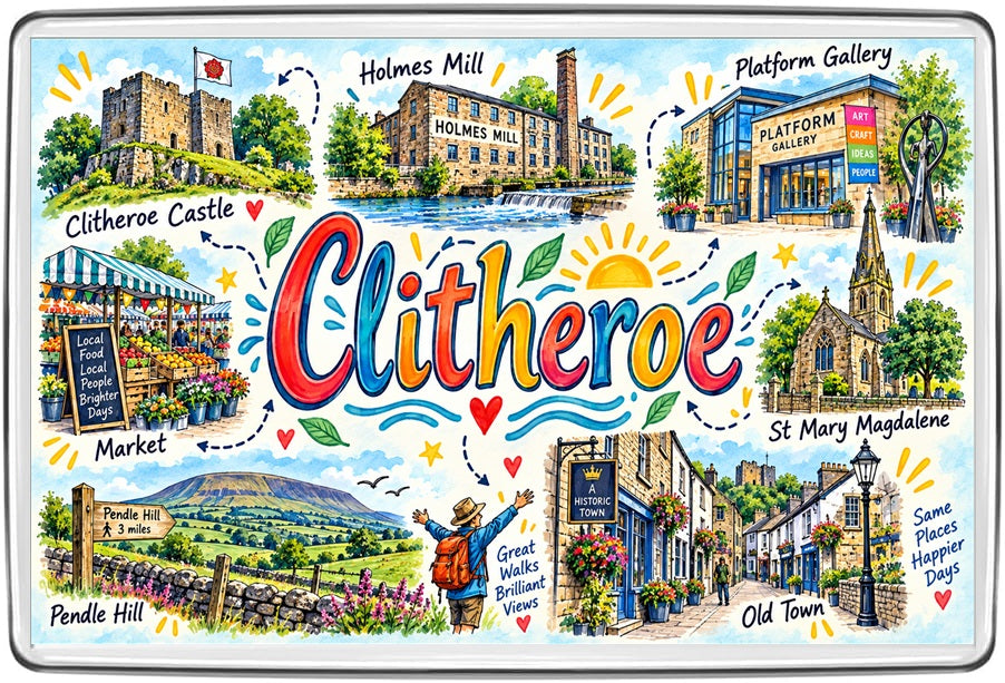 Clitheroe illustrated map magnet featuring Clitheroe Castle, Holmes Mill, Platform Gallery, Pendle Hill, Market and St Mary Magdalene