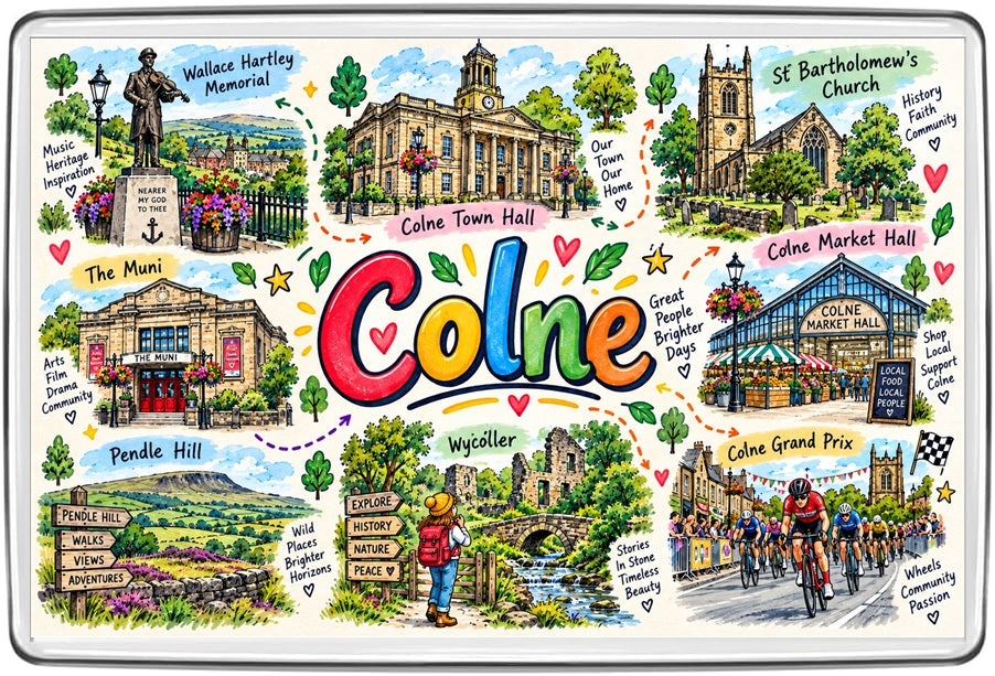 Colne Lancashire illustrated map fridge magnet with Town Hall, Wallace Hartley Memorial, Colne Market Hall, Pendle Hill and Wycoller