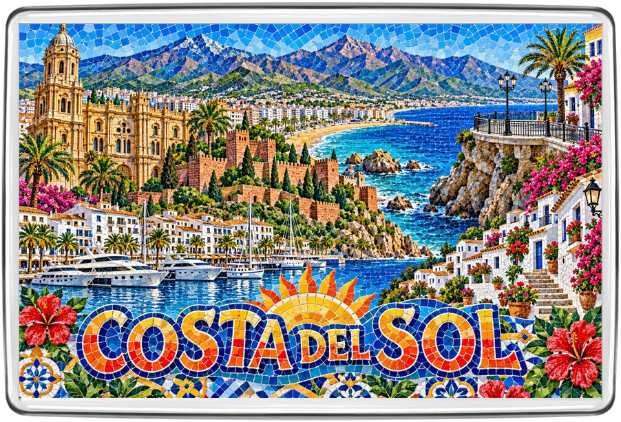 Costa del Sol beaches marina palm trees Andalucia colourful mosaic fridge magnet