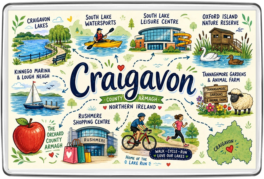 Craigavon County Armagh illustrated map fridge magnet featuring Craigavon Lakes, South Lake watersports, Oxford Island and Tannaghmore Gardens